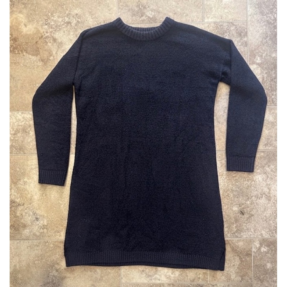 Lands End Womens black fleece Knit Long Sleeve Crew Neck Sweater Dress SzM 10-12